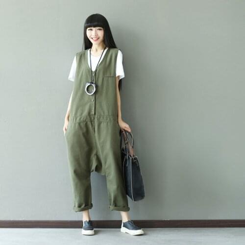 Army Green Baggy Jumpsuit 2018 New arrival boyfriend style Rompers pants Hip hop drop crotch Button Overalls For Ladies G062403