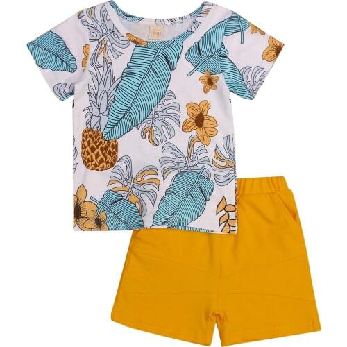 New Girls Casual Two-piece Clothes Set, Leaves Printed Pattern Round Collar Short Sleeve Tops and Solid Color Shorts
