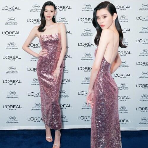 Model Sexy Sequins Bling Shining Party Evening Dresses Women Backless Split Bodycon Pencil Dress Pink Spaghetti Strap Dress Y258