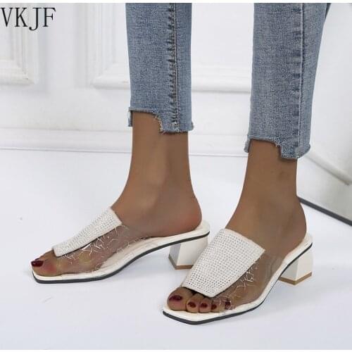 Fashion Women Square Heel Crystal Diamante Open Toe High Heels Sandal Slippers Shoes Woman Lady Flip Flops Pumps Slippers Shoes