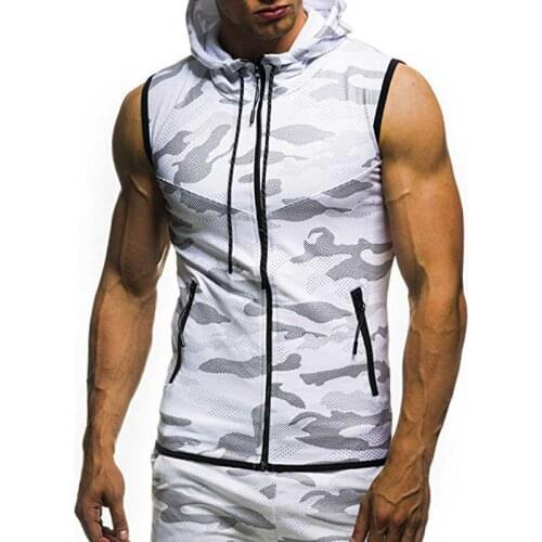 Men Military Slim Tank Top Camouflage Gyms Fitness Zipper Hooded Vest Sleeveless Hoodie Tops Tees Male Summer Sweatshirt MY078