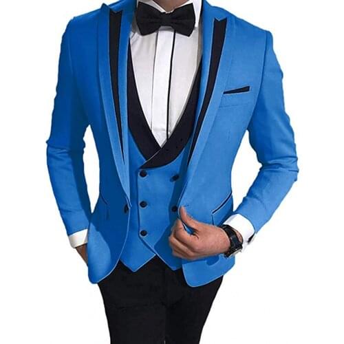 Custom Made Men Suits Blue and Black Groom Tuxedos Peak Lapel Groomsmen 3 Pieces Set ( Jacket+Pants+Vest+Bow Tie ) D353
