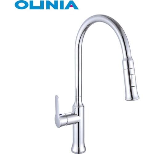 OLINIA kitchen faucets deck mounted zinc alloy pull down kitchen faucet of light grey color polished chrome surface OL82158C