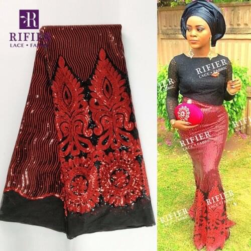 Sequined Mesh Lace Fabric Red For African Women Evening Dress Material 2018 New Arrival Sequins Net Lace 5 Yards Free Shipping
