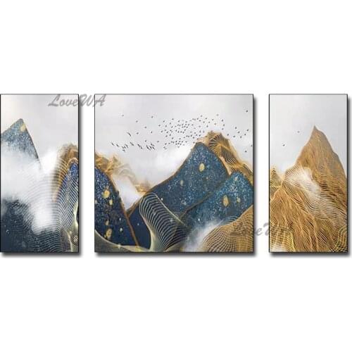 Modern Wall Hangings 3 Panels Abstract Gold Foil Design Oil Painting Mountain Scene Canvas Wall Art Home Showpieces Artwork