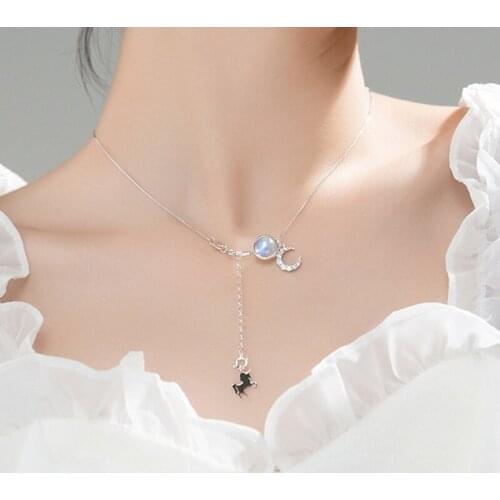 TrustDavis Real 925 Sterling Silver Sweet Moonstone Unicorn Moon CZ Pendant Necklace For Women Wedding Party Fine Jewelry DS1035