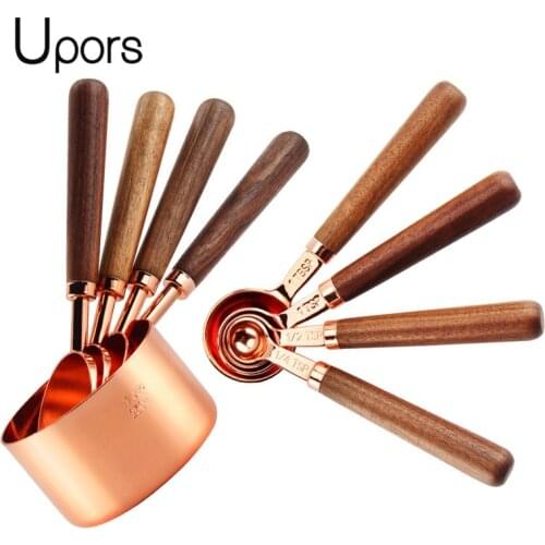 UPORS Rose Gold Measuring Cups and Spoons Set Teaspoon Wood Handle Copper Pink Kitchen Milk Coffee Cake Baking Measuring Spoon