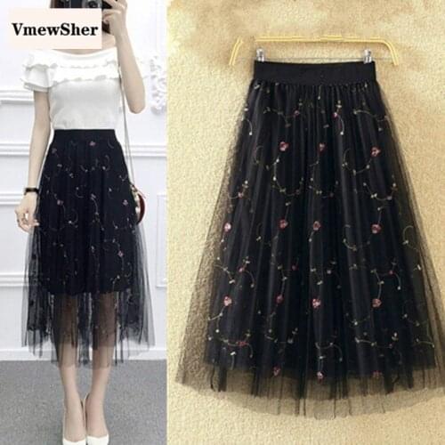 VmewSher New Spring Summer Floral Women Skirt Mesh Flower Embroidery Elastic High Waist Elegant Pleated Net Yarn Black Skirts