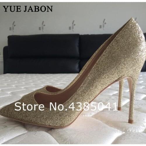 YUE JABON New Bling Bling Gold Glitter Wedding Shoes Women Pumps 8cm/10cm/12cm Thin High Heels PU Leather Stilettos Big Size 43