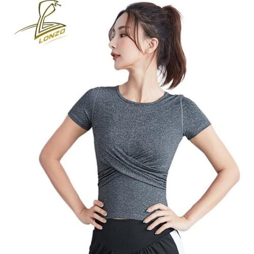 Women Quick-drying Running Shirt Cross Short Sleeve Yoga T-shirt Workout Top Fitness Gym Crop Tops Solid Sports Shirts LCP128