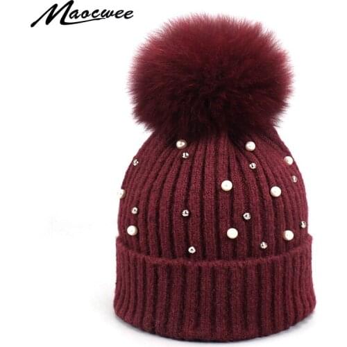 2018 Womens Hat Autumn Winter Rhinestones Pearl Hats Female Beanies Natural Raccoon Fox Fur Pompom Cotton Warm Ski Caps