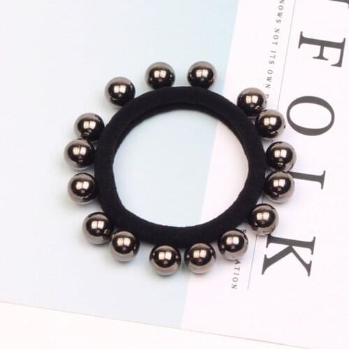 Ladies Traceless Towel Elastic Hair Rope 16 Imitation Pearl Charms Glitter Donut Ponytail Holder Retro Dancing Party Bracelet