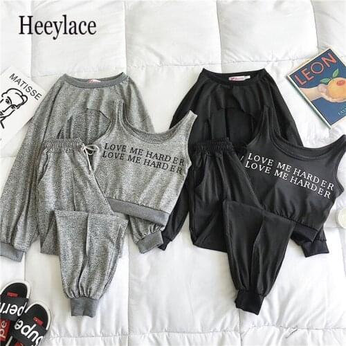 Women tracksuit 3 Piece Set High Waist crop Tops + Letters Sling Vest + Lace Up Waist Harem Pants sets women matching set