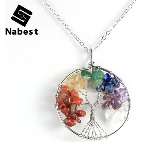 Women Men Natural Stone 7 Chakras Chip Gravel Necklace Crystal Quartz Tree of Life Pendant Clavicle Chain Yoga Healing Jewelry