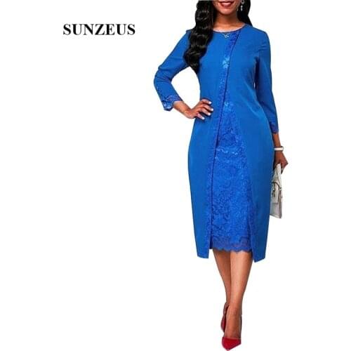 2019 Fall Mother Of The Bride Dresses With 3/4 Sleeves Jacket Vintage Lace Lady Party Dress Knee Length Royal Blue Formal Gowns