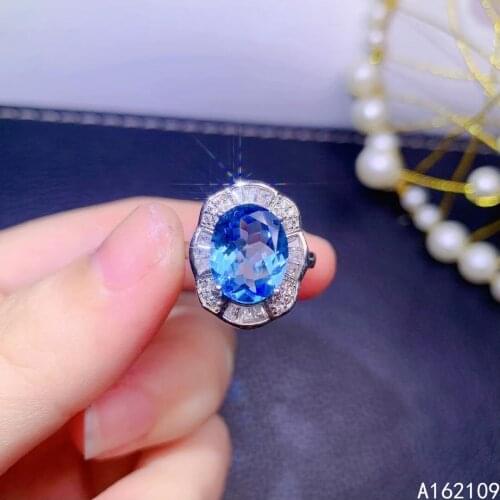 Fine Jewelry 925 Sterling Silver Inset With Natural Gemstone Women Classic Vintage Flower Blue Topaz Adjustable Ring Support Det