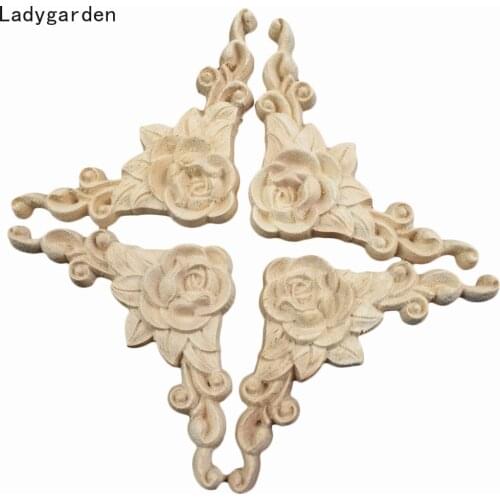 10PCS Rose Floral Wood Carved Decal Corner Applique Decorate Frame Wooden Statues Cabinet Decorative Sculptures Home Decor