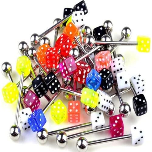 20PCS Hiphop Acrylic Dice Labrets Lip Ear Bone Bar Stud Chin Stainless Steel Tongue Ring Steel Body Piercing Jewelry for Women