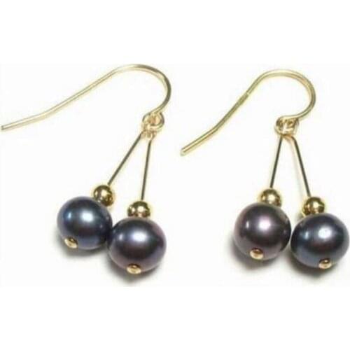 Free shipiing 100% natural Freshwater PERFECT NICE 8-9mm AAA+ black pearl drop earring 14k/20