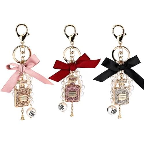 Fine Jewelry Imitation Pearl Perfume Bottle Keychain Car Key Ring Holder Bag Pendant Accessories Bow Keyfob Women Keyring Gift