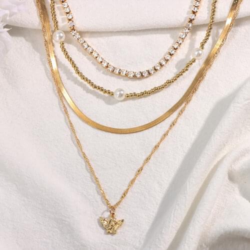 JUST FEEL Multi-layer Gold Angel Pendant Necklace for Women Imitation Pearls Beads Snake Chain Necklace 2021 Fashion Jewelry