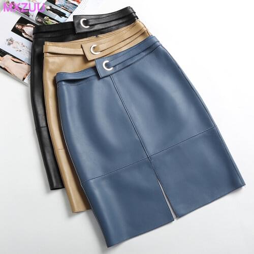 Jupe Longue Femme Ete Women Genuine Leather Faldas Coreanas OL Ladies Sheepskin Wrap Hip Blue/Khaki One-step Skirts Show Thin
