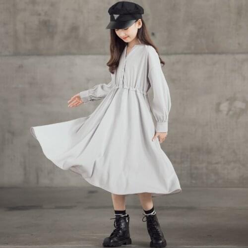 Teen Girls Elegant Autumn Long Dress 2021 New Long Sleeve Buttons Black Grey Dress Muslim Girls Clothes 10 12 14 years