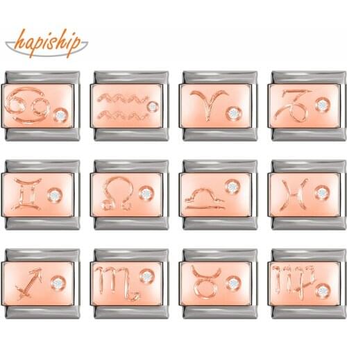 Hapiship 2020 Original Charms Rose 12 Constellation Italian Charm Links Fit 9mm Bracelet Stainless Steel Jewelry Making DJ129