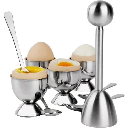 Stainless Steel Egg Cracker Topper Set,Hard Boiled Eggs Separator Holder,4 Spoons,4 Cups,1 Shells Remover Top Cutter