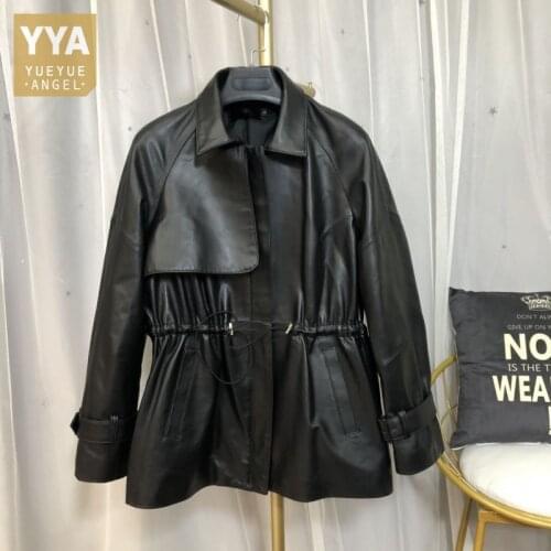 100% Sheepskin Real Leather Jacket Women Drawstring Slim Waist Windbreaker Coat Office Ladies Casual Outwear Moto Biker Jackets