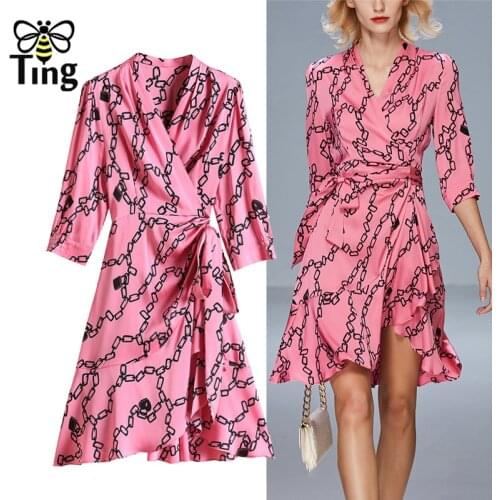 Tingfly Summer Designer Runway Fashion Link & Lock Print Wrap Mini Dress Vintage Elegant Ruffles Wrap Arround Vestido Large Size
