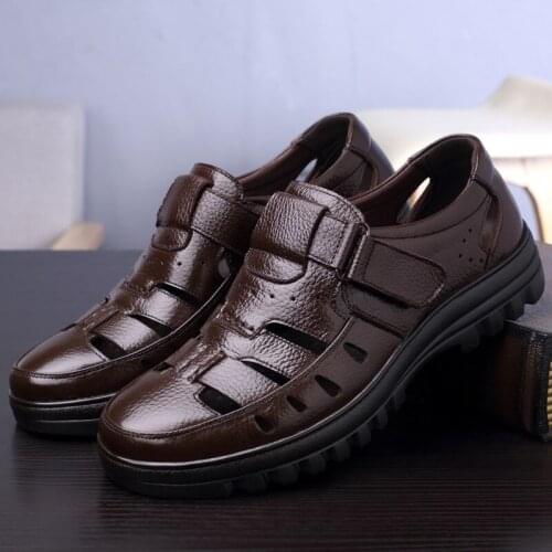 Mens Sandals New Hollow Men Shoes Beach Shoes Soft Leather Breathable Dad Shoes Velcro All-match Trend Non-slip Sandals Men