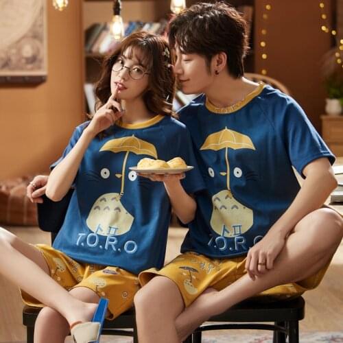 Couple Pajamas Set Summer Cotton Men Japanese Anime Print T-shirts With Short Sleeves Sleepwear Womens Cute Fashion Homewear