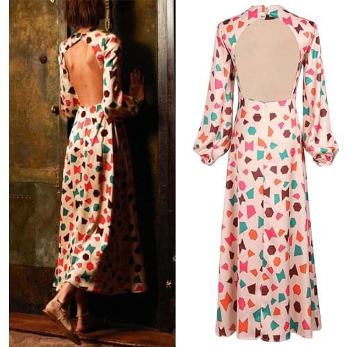 S-XL High Quality 2021 New Fashion Satin Print Halter Hollow Sexy Slim Long Sleeve Retro Vacation Casual Woman Dress