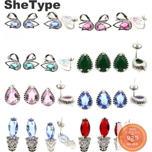 15x14mm Swan Ear Stud Created Aquamarine Tourmaline Tanzanite Kunzite Green Emerald 925 Sterling Silver Ear Stud Earrings