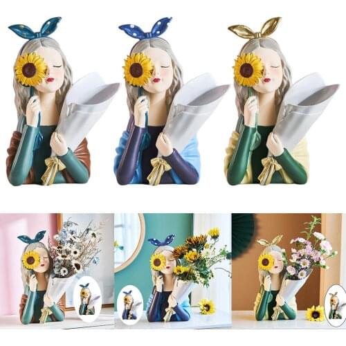 Nordic Resin Cute Girl Shaped Flower Pot Statue Sculptures Figure Plant Dried Flowers Pot Crafts Living Room Decorations