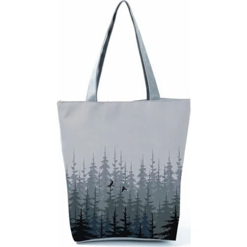 Chinese Style Landscape Printed Handbag Gray Foldable Shopping Bag High Capacity Portable Women Shoulder Bag Can Custom Pattern