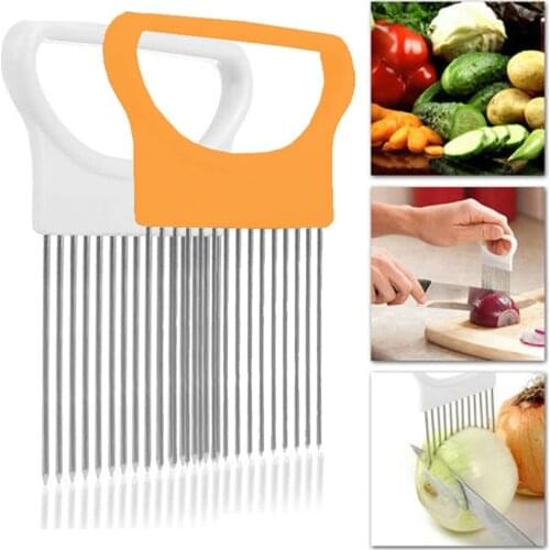 WIKHOSTAR Stainless Steel Onion Needle Onion Holder Vegetables Fruit Slicer Cutting Safe Aid Holder Kitchen Accessories