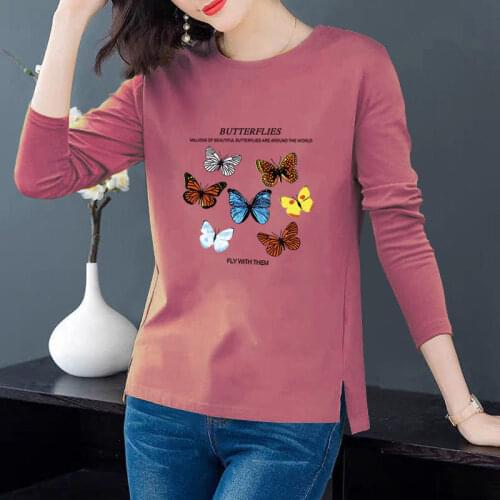 Butterfly Top Women Cotton Long Sleeve Graphic T Shirts Plus Size Women Clothing Female Basic Tee Shirts