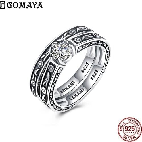 GOAMYA 925 Silver Sterling Couple Models Cubic Zirconia Rings For Women Vintage Punk Style Double Layer Finger Ring Fine Jewelry