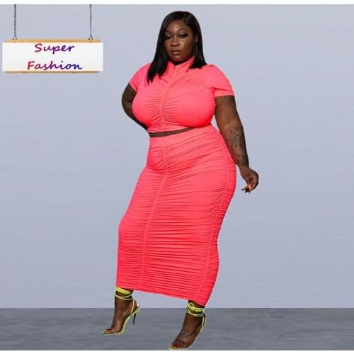 XL-5XL plus size skirt set women summer clothing eleghant solid Folds Elasticity skirt and short sleeve top two piece outfit