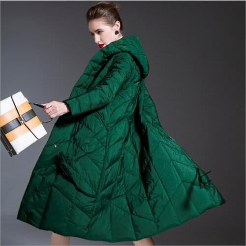 Winter New Fashion Hooded Jacket Thicken Large size green Womens Long White Duck Down Coat Vintage Thick Down Parkas Female