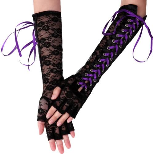 1 Pair Retro Women Lace Long Gloves Corset Arm Elbow Fingerless Glove See-through Ribbon Straps Crisscross Tied Front Gloves