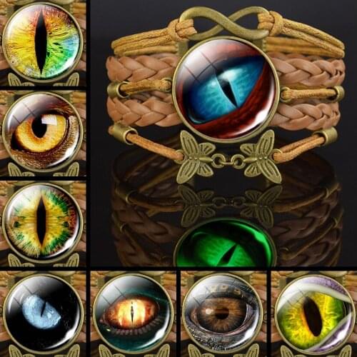2021 Luminous Bangles Bracelet for Women Brown Leather Handwoven Pulseras Mujer Cool Evil Dragon Eye Bracelets Bijous Femme