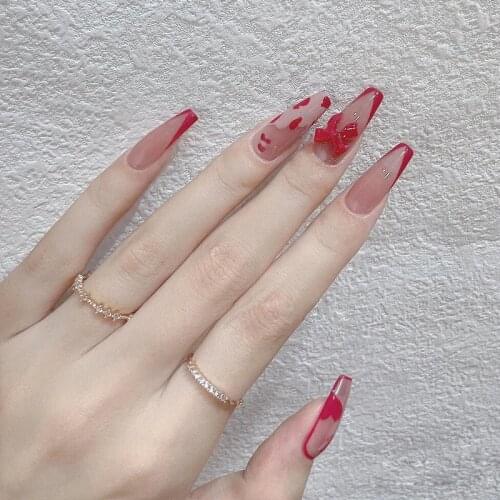 24pcs Bow Nail Patch Glue Type Removable Long Paragraph Fashion Manicure False Nail Patch Nail Sticker Nails Accesorios