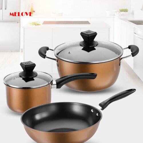Non-Stick Kitchen Cookware Set Golden Pots and Pans-3-Piece Set Nonstick Wok Soup Pot Milk Pan