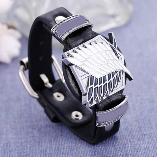 1PcsPopular Anime Attack On Titan Same Series Black Leather Bracelet Alloy Wings of Freedom Sign Shingeki No Kyojin Cosplay Prop