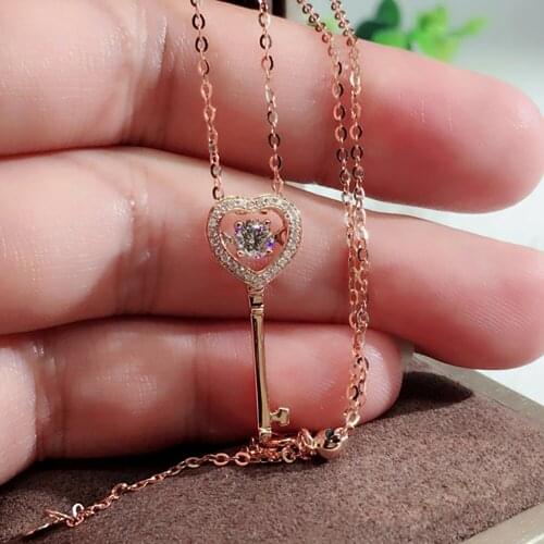 10K Rose Gold Women Pendants Necklaces Moissanite Diamond 0.2 0.5 1 Carat Heart Key Gift Wedding Anniversary Engagement Party