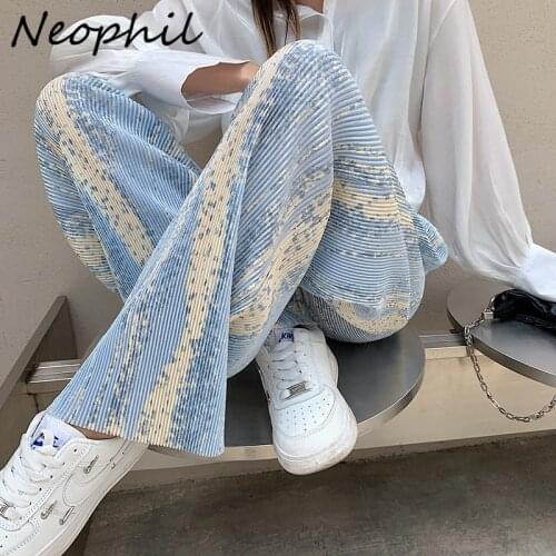 Neophil Tie Dye Casual Wide Leg Pants For Women Elastic Waist 2021 Summer Female Fashion Loose Pleated Long Pant Trousers P21620