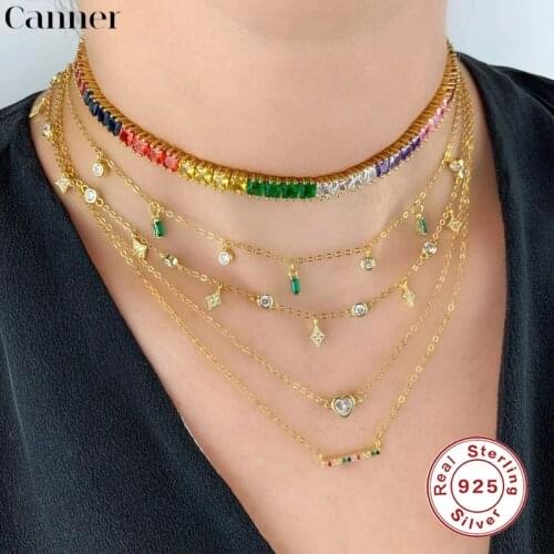 CANNER Colorful Rectangle Zircon 925 Sterling Silver Chain Necklace for Women Clavicle Choker Necklace Fine Jewelry collar mujer